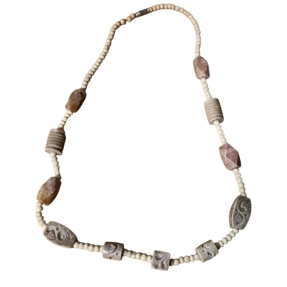 Vintage Earthy Beaded Necklace Carved‎ Stone Wood Accents Boho Neutral